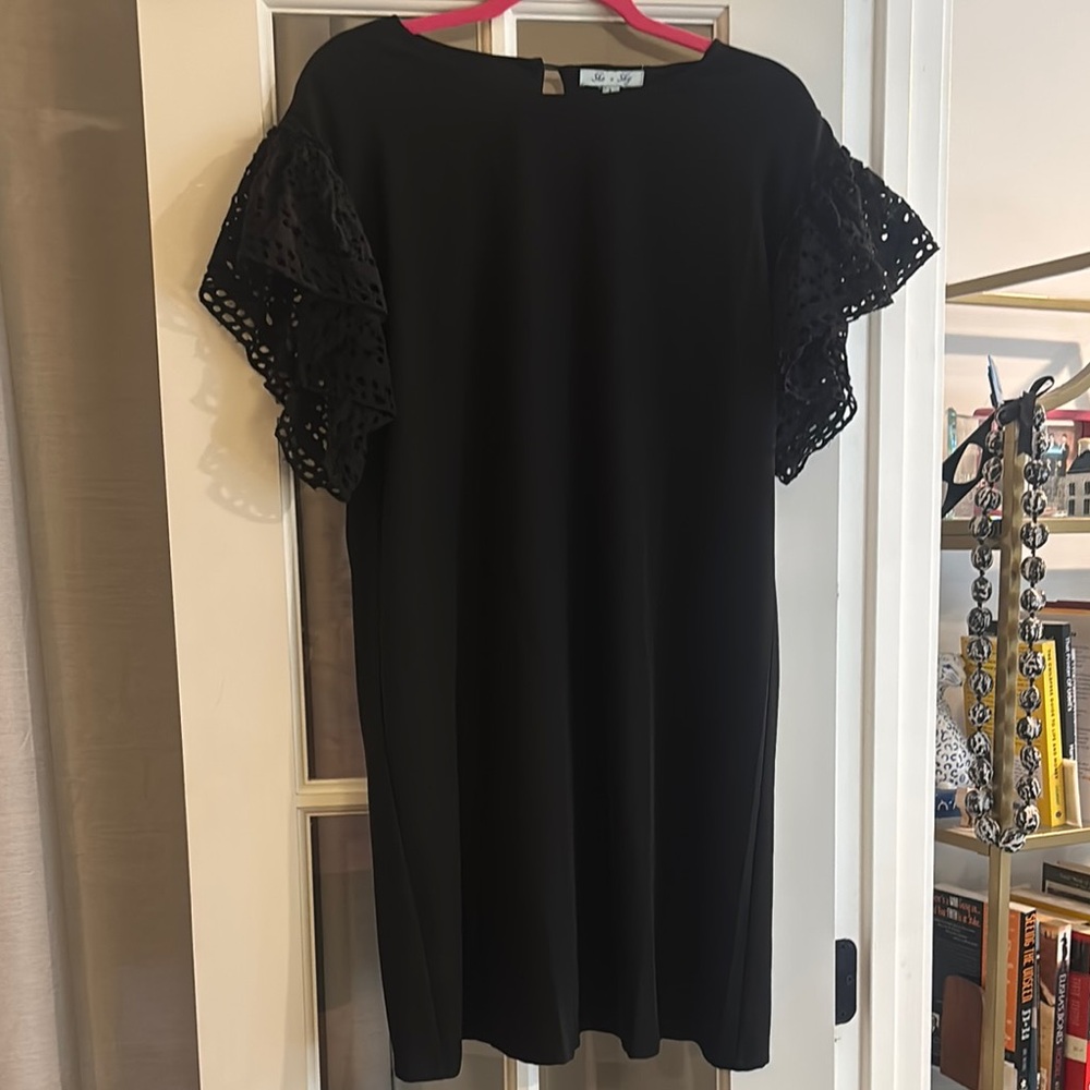 She + Sky Black Midi Dress with Lace Sleeves